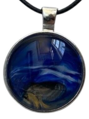 Hand Crafted Necklace by Svetlana Yeung Blue Gold and White Fluid Art Pendant